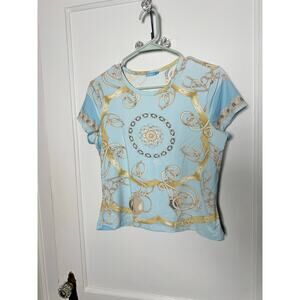 J. McLaughlin Blue Gold Catalina Cloth Equestrian Chain Short Sleeve Top M